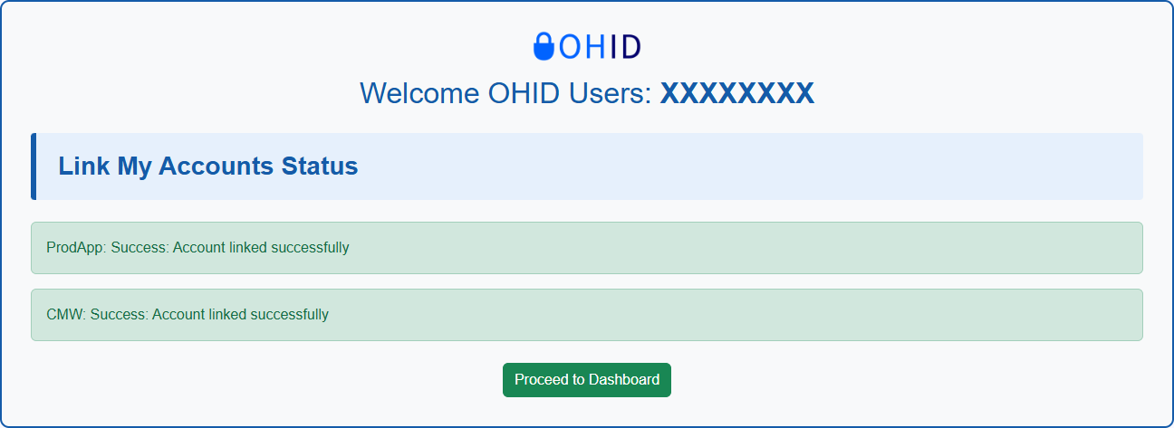 OHID Linking Success Screen